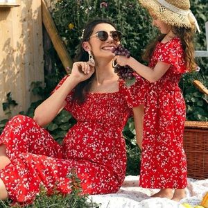 Mommy and me red floral jumper. Maxi style wide leg pants